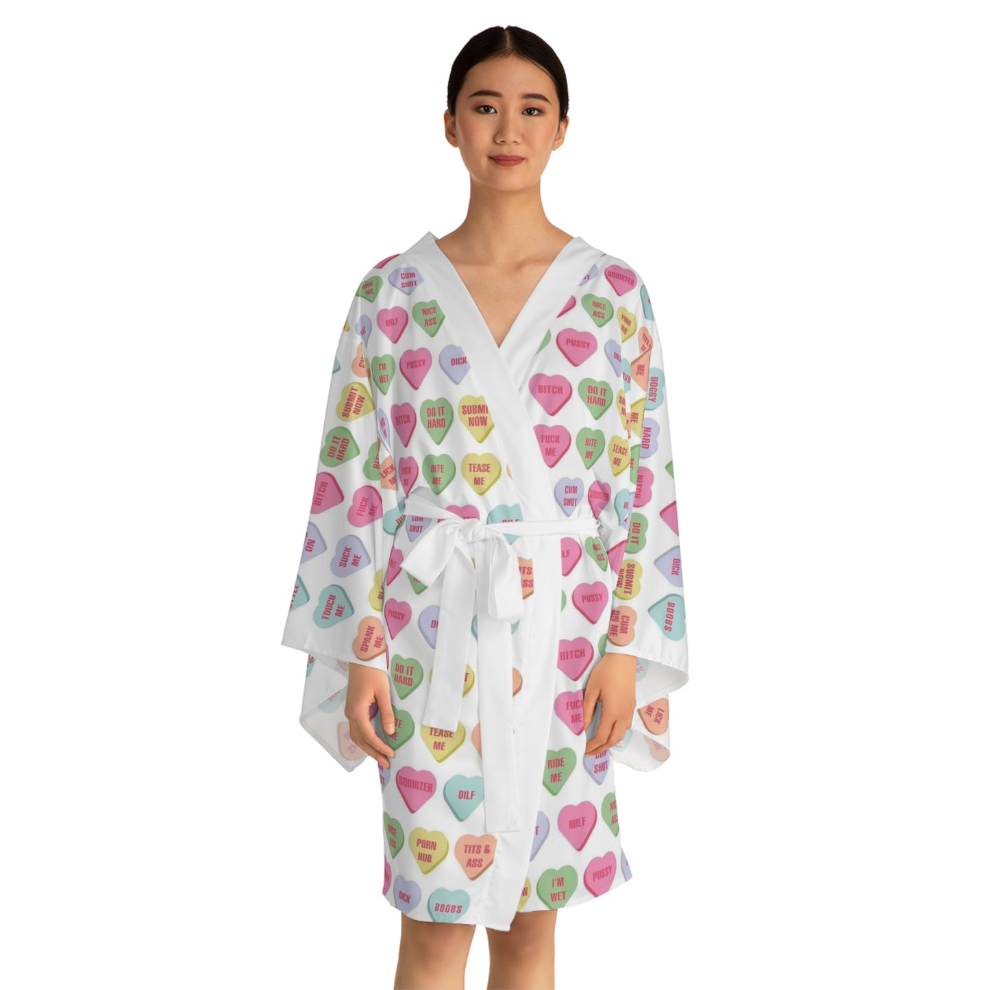 Colorful Heart Print Long Sleeve Kimono Robe
