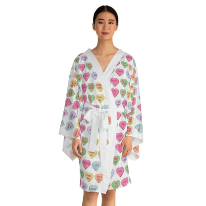 Colorful Heart Print Long Sleeve Kimono Robe