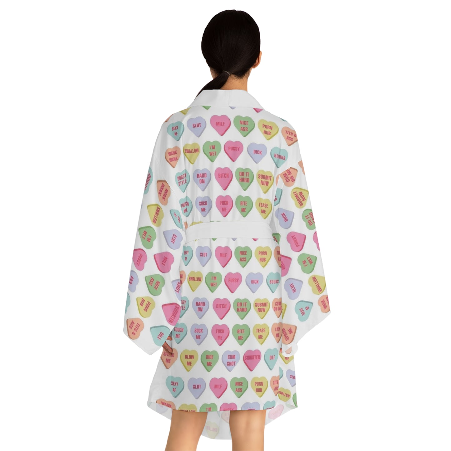 Colorful Heart Print Long Sleeve Kimono Robe