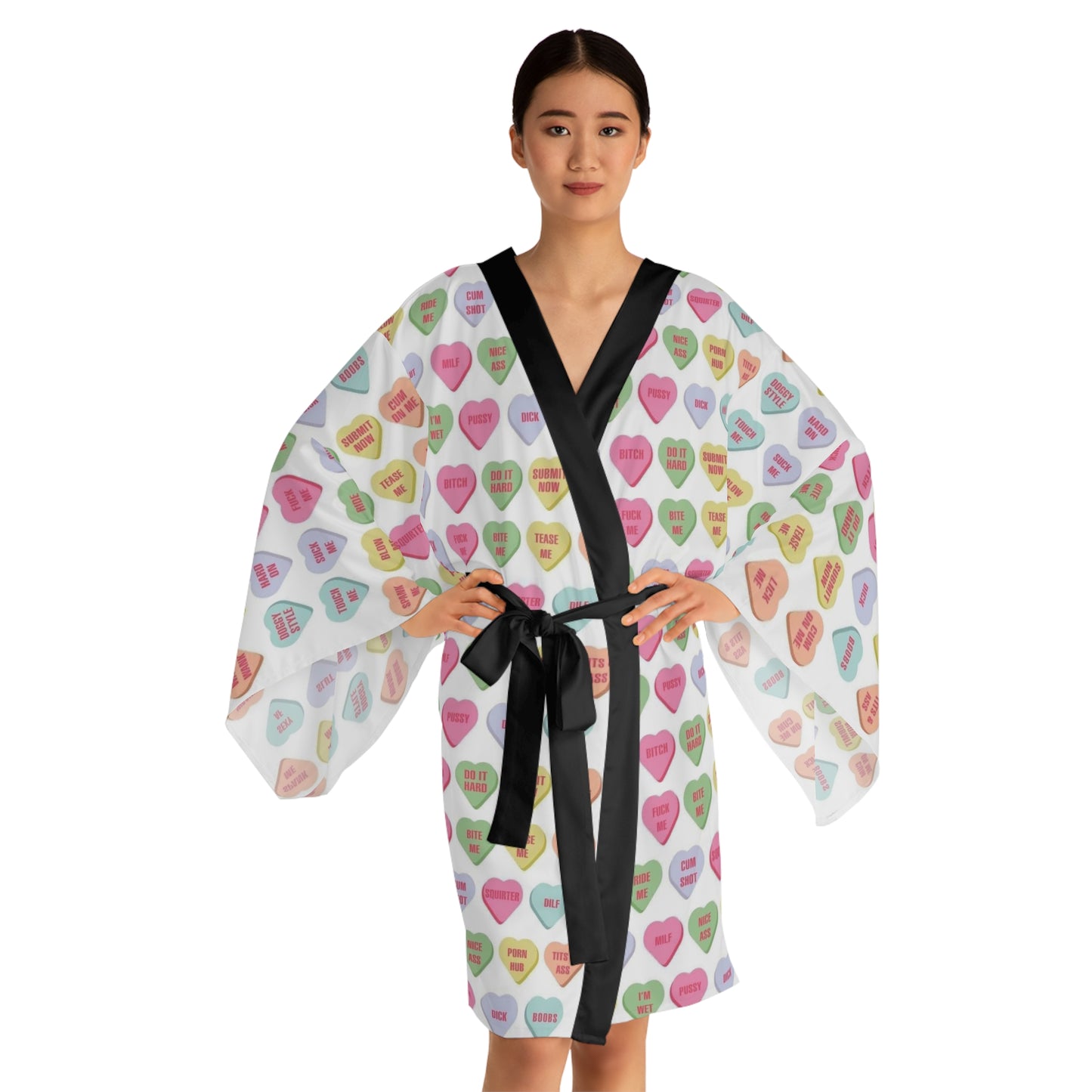 Colorful Heart Print Long Sleeve Kimono Robe